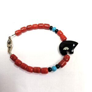 Carved Onyx Bear Fetish, Turquoise Beads, & Coral Tubes Small or Child Bracelet